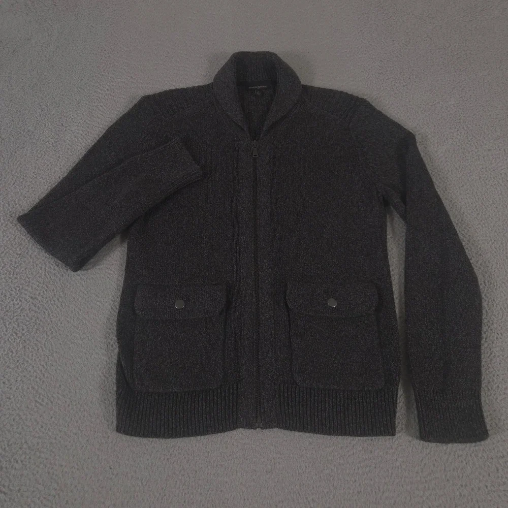 Banana Republic Sweater Mens Large Charcoal Full Zip Wool Blend Shawl Collar